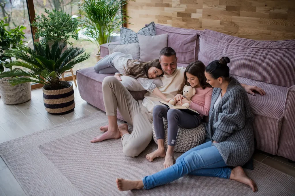 Family enjoying comfy living room