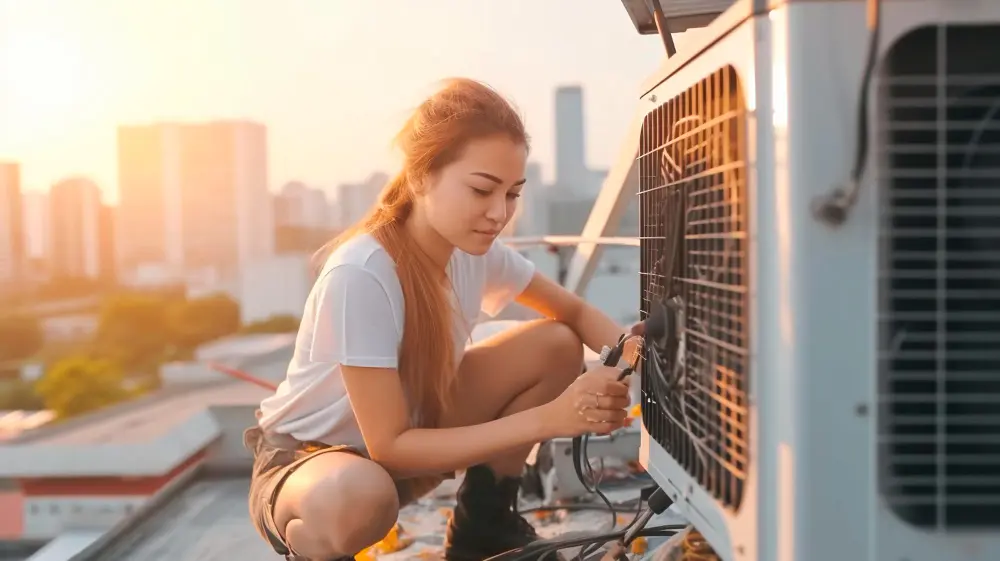 female hvac worker performing ac maintenance