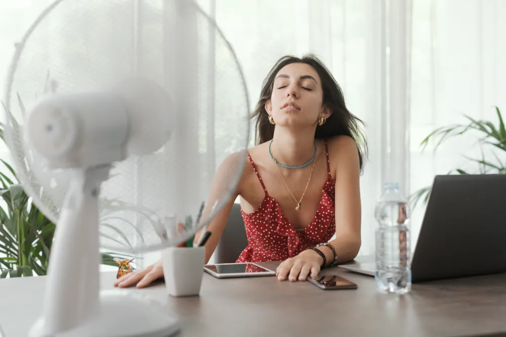 Woman sitting at a table with a desk fan blowing air at her.