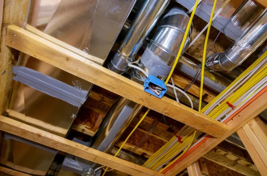 New home construction with installation of heating system in basement of house under remodeling
